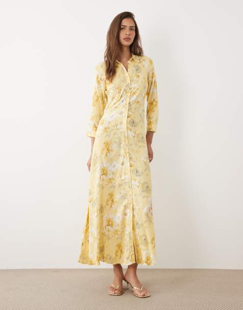 YAS maxi shirt dress in yellow floral print