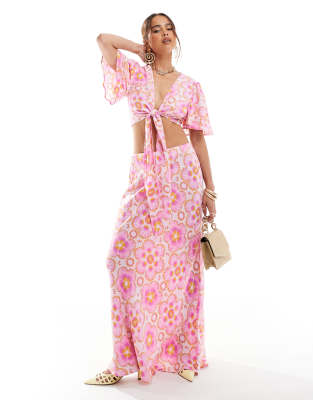 YAS maxi skirt co-ord in pink floral - MULTI