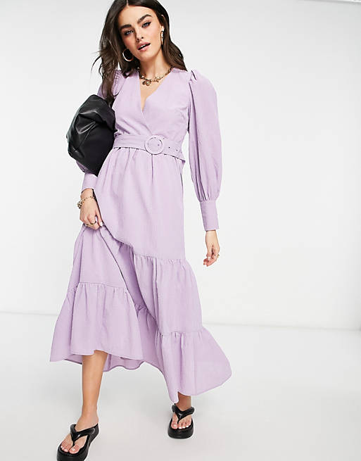 Y.A.S maxi smock dress with belt detailing and tiered skirt in lilac