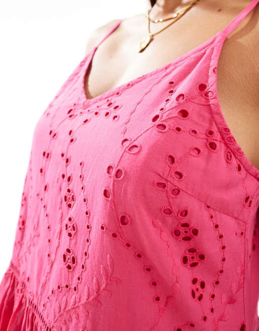 YAS – Maxi-Trägerkleid in Himbeer-Sorbet mit Lochstickerei, 4 von 4
