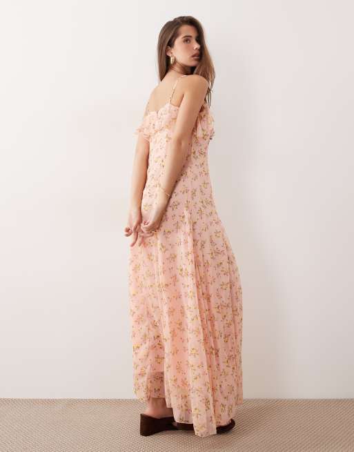 YAS – Maxi-Trägerkleid in Rosa mit Rüschenbesatz und Blumenmuster, 3 von 4