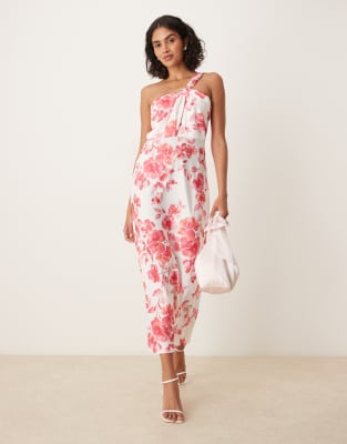 YAS - Maxikleid aus Satin in Weiß mit One-Shoulder-Träger und rotem Blumenmuster