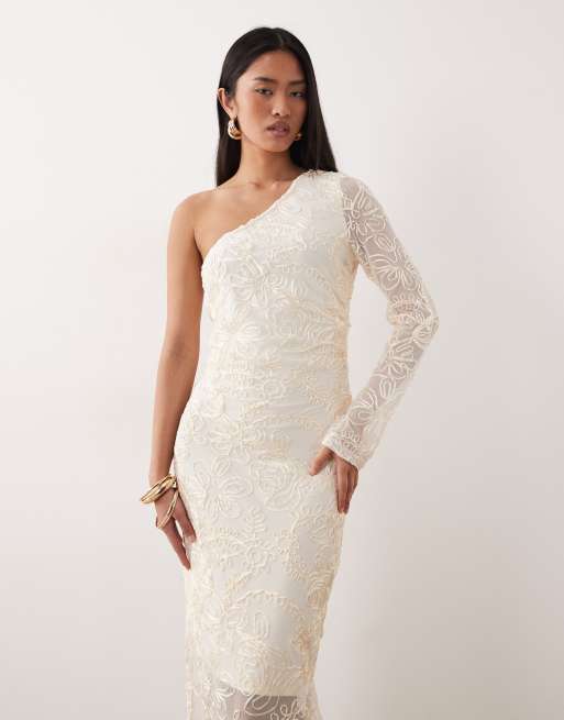 YAS – Maxikleid in Gardenienweiß mit One-Shoulder-Träger und Satin-Stickerei, 2 von 4