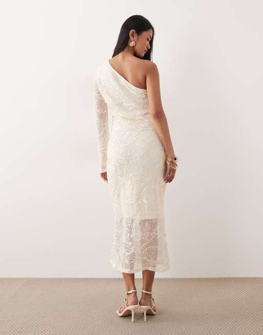YAS – Maxikleid in Gardenienweiß mit One-Shoulder-Träger und Satin-Stickerei, 3 von 4