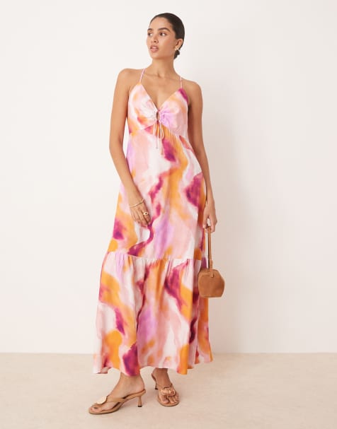 YAS – Maxikleid in Rosa mit schmalen Trägern und verschwommenem Print - view 1