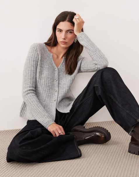 YAS - Meleret lysegrå cardigan med peplum-kant i struktureret strik - view 1