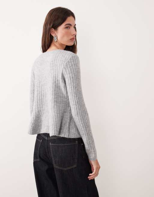 YAS - Meleret lysegrå cardigan med peplum-kant i struktureret strik, 4 af 4