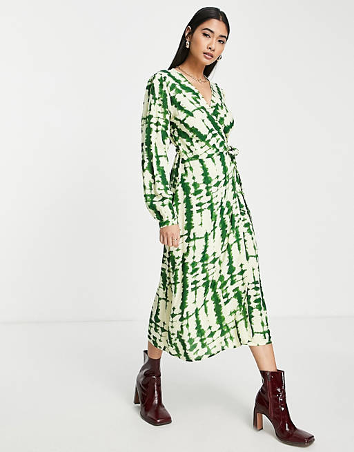 Y.A.S. Melina printed long sleeve wrap dress in green