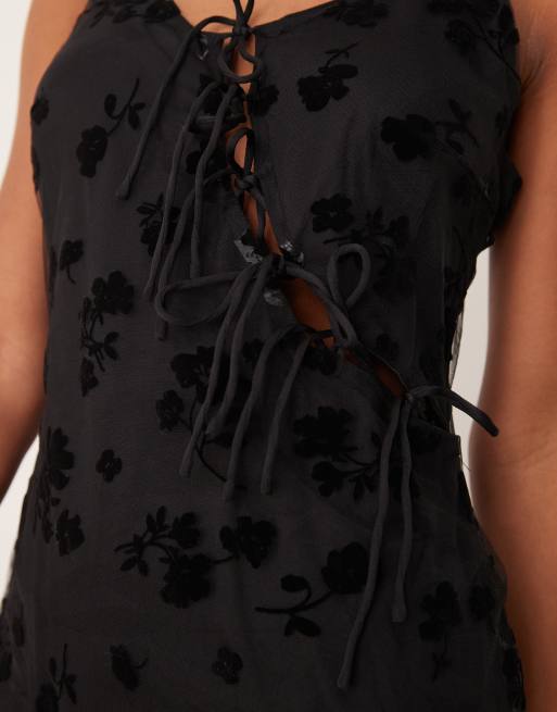 YAS mesh and burnout strappy midi dress in black