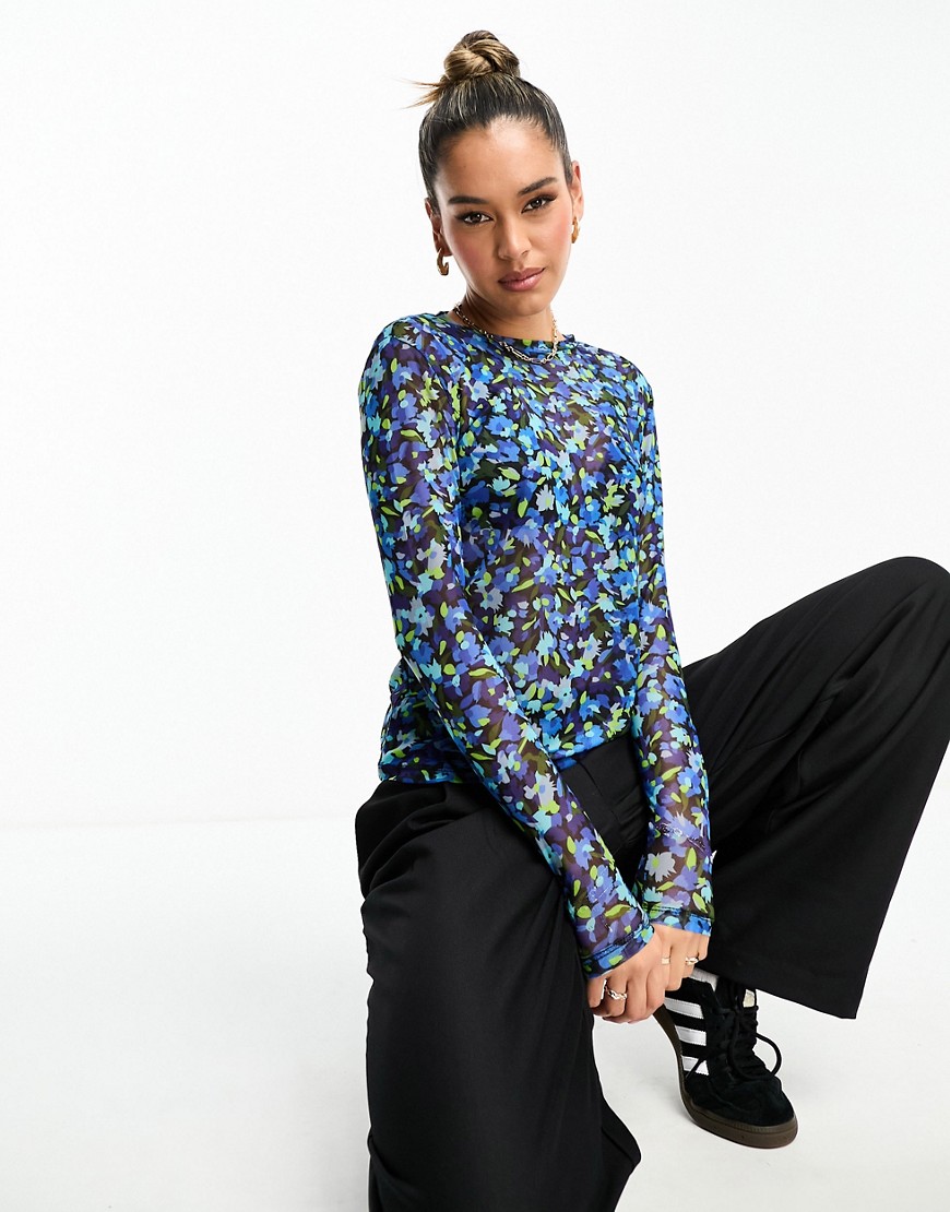 Y. A.S mesh long sleeve top in blue floral print