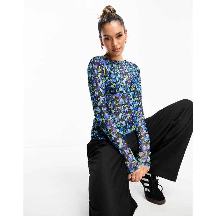 トップス Yas.o Y.A.S mesh long sleeve top in blue floral print | ASOS