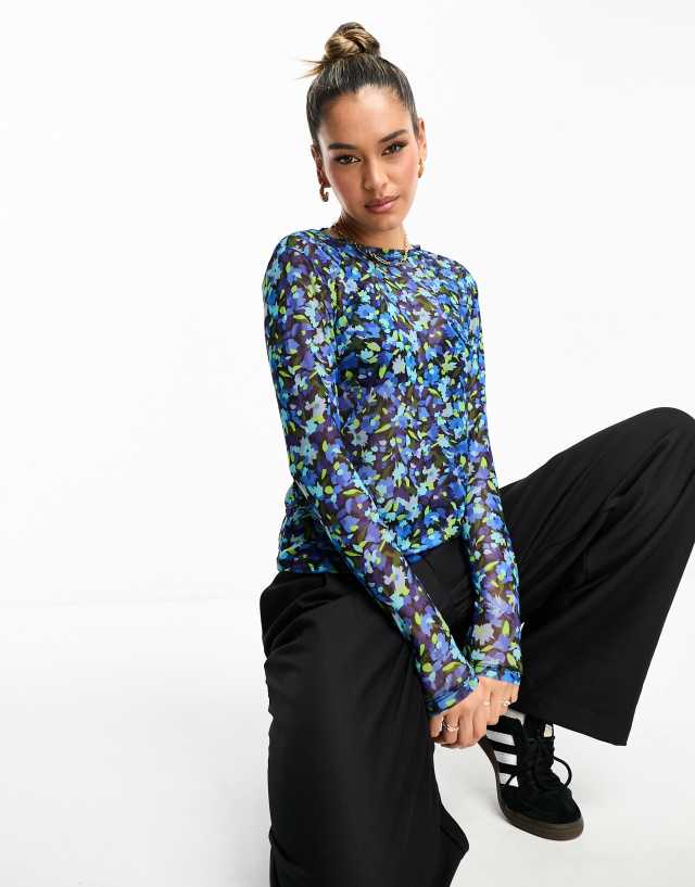 Y.A.S - mesh long sleeve top in blue floral print