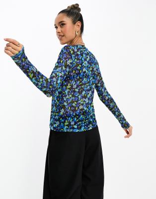 Y.A.S mesh long sleeve top in blue floral print | ASOS