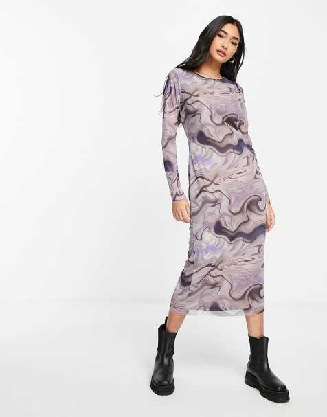 Y.A.S mesh swirl print midi dress in grey