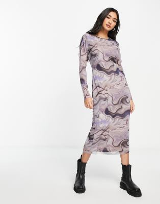 YAS Y.A.S mesh swirl print midi dress in grey