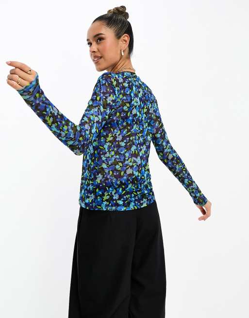 Y.A.S - Mesh top met lange mouwen in blauwe bloemenprint, 2 van 4