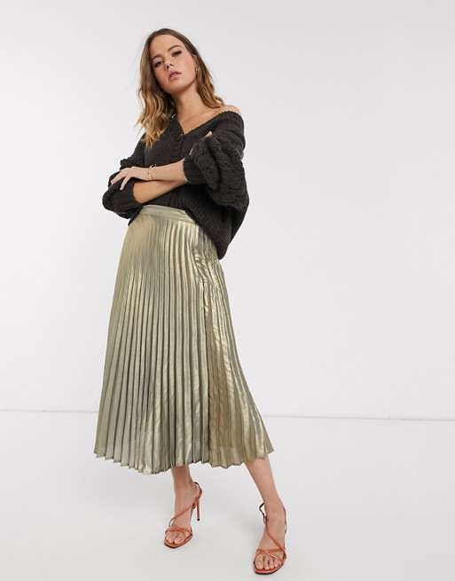 Y.A.S metallic plisse skirt in gold