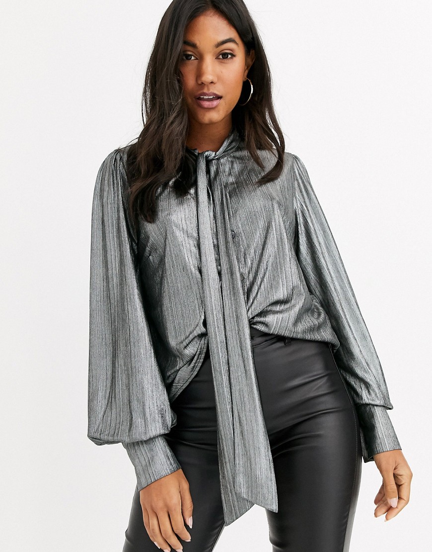 Y.A.S metallic tie neck top with puff sleeves in silver