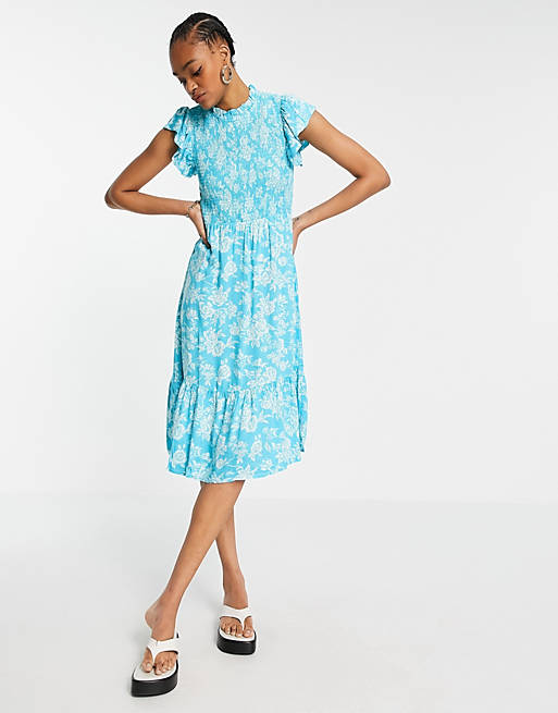Women YAS midi dress with high neck a flutter sleeve in blue floral print 