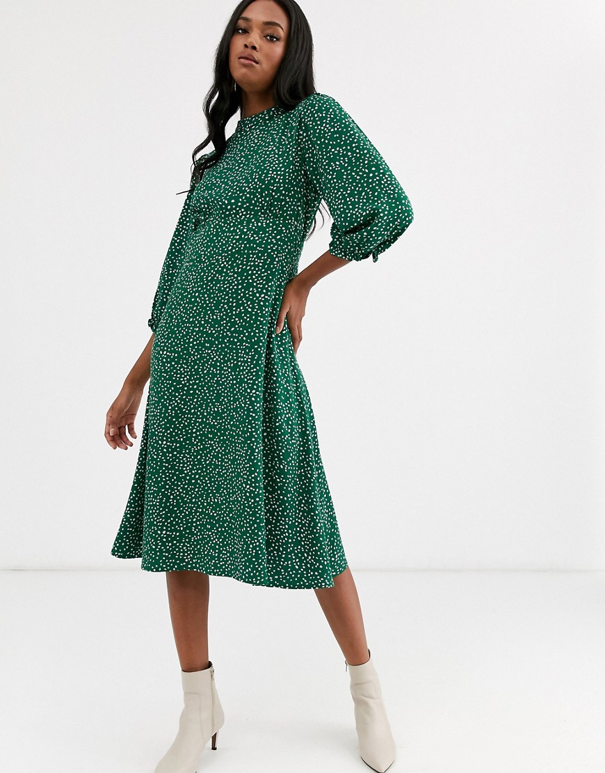 Y.A.S midi dress with high neck in white and green spot-Multi