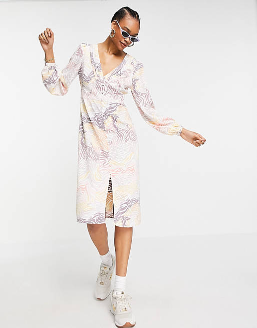 Y.A.S midi dress with puff sleeve and side split in animal print