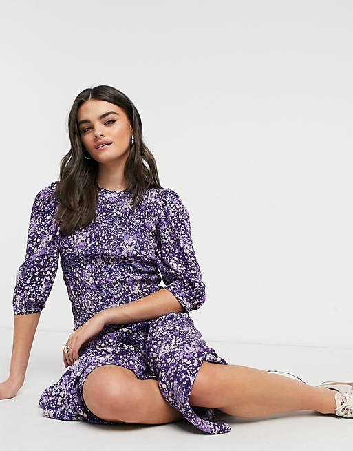 Y.A.S midi dress with shirred detail and puff sleeve in floral print