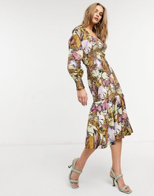 Y.A.S midi dress with square neck and shirred body in floral print - ASOS Price Checker