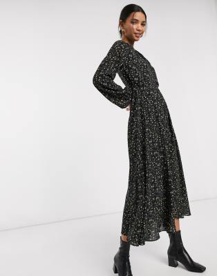 black ditsy midi dress