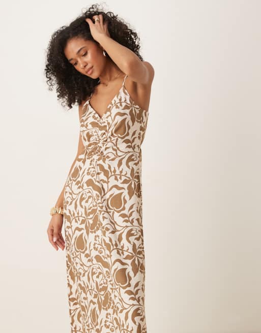YAS - Midi jurk met gerimpeld detail in bruine bloemenprint, 2 van 4