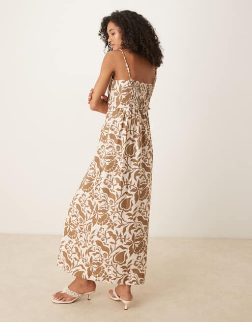 YAS - Midi jurk met gerimpeld detail in bruine bloemenprint, 3 van 4