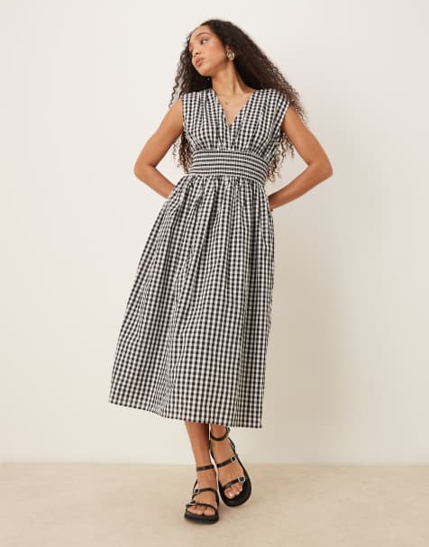 YAS - Midi jurk met gesmokte taille in zwarte en witte ruit - view 1