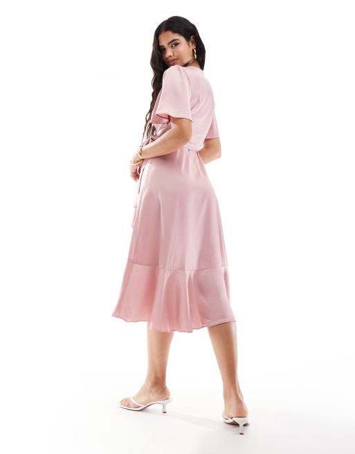 YAS - Midi jurk met halflange mouwen en overslag in vaal mauve, 3 van 4