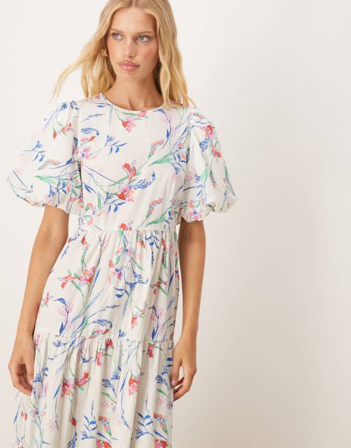 YAS - Midi jurk met pofmouwen in bloemenprint in crème, 4 van 4