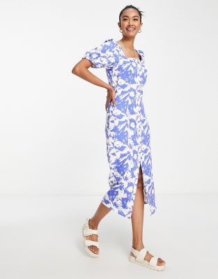 Y.A.S - Midi jurk met rits aan de voorkant in blauwe bloemenprint