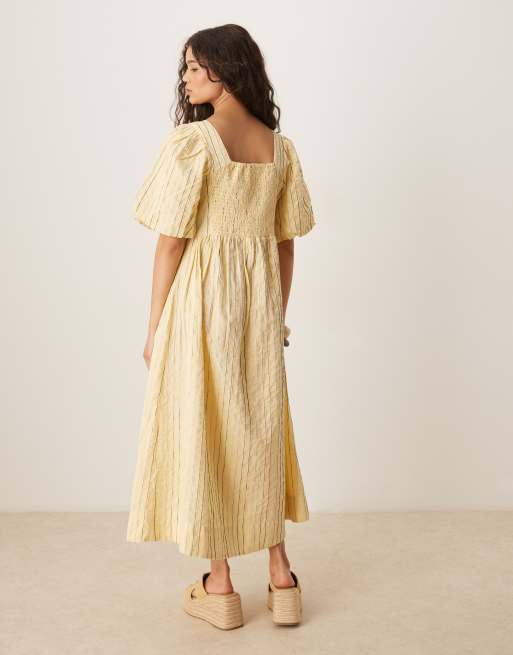 YAS - Midi-jurk met textuur, pofmouwen en strik voor in geel, 3 van 4
