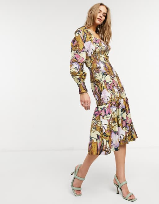 Y.A.S Midi jurk met vierkante hals en gesmokte body in bloemenprint