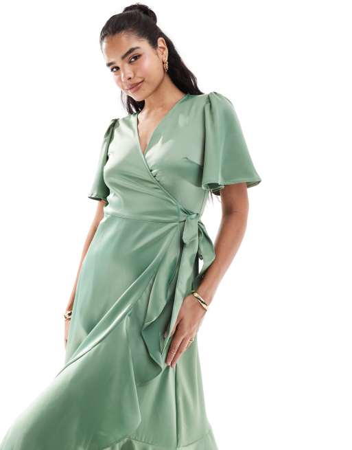 YAS Midi jurk van satijn met overslag in groen ASOS