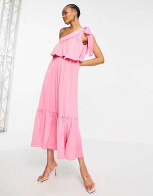 Y.A.S midi one shoulder dress with tie and layered top in pink - ASOS Price Checker