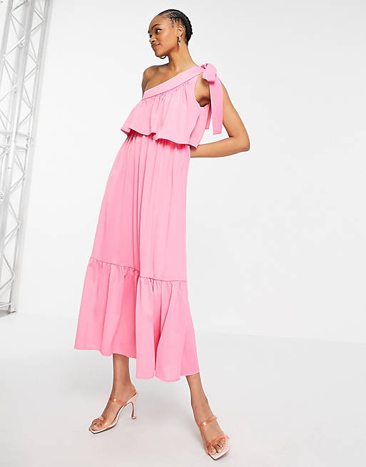 Y.A.S midi one shoulder dress with tie and layered top in pink