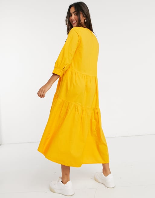 Y.A.S midi poplin smock dress with v neck in yellow | ASOS
