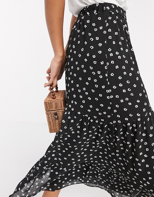 Y.A.S midi skirt in black ditsy floral