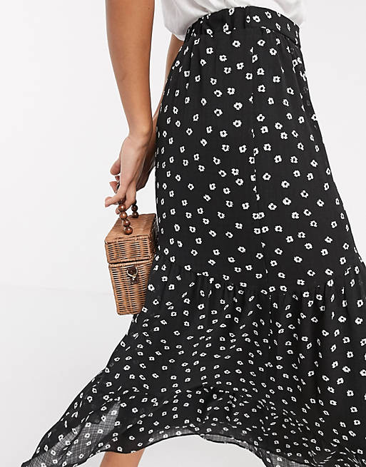 Y.A.S midi skirt in black ditsy floral | ASOS