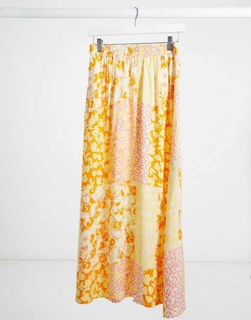 Y.A.S midi skirt with front splits in mixed yellow floral