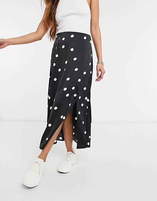Y.A.S midi skirt with side split in black and white polka dot | ASOS