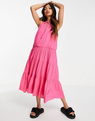 Y.A.S midi sleeveless dress with tie neck and tiered skirt in pink - ASOS Price Checker
