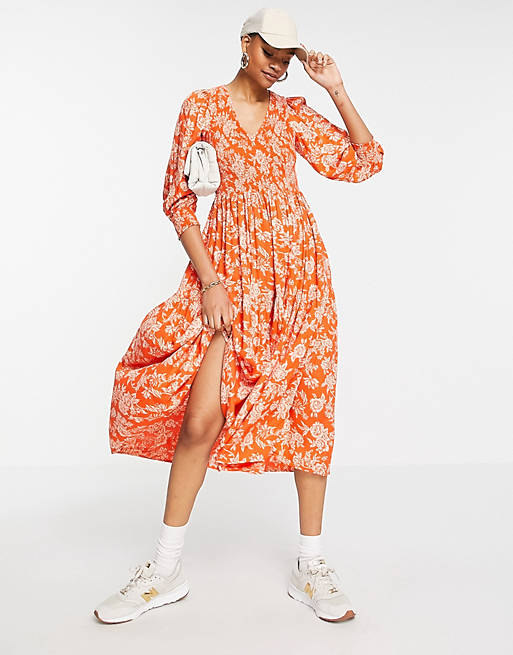 Y.A.S midi smock dress in bright orange floral print