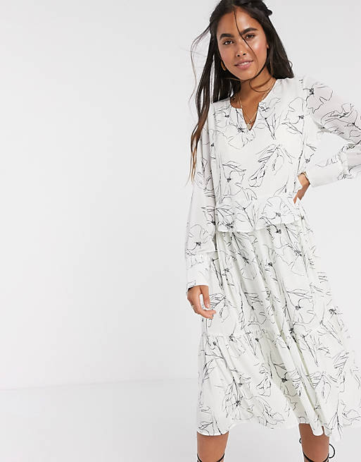 Y.A.S midi smock dress in white with abstract print | ASOS