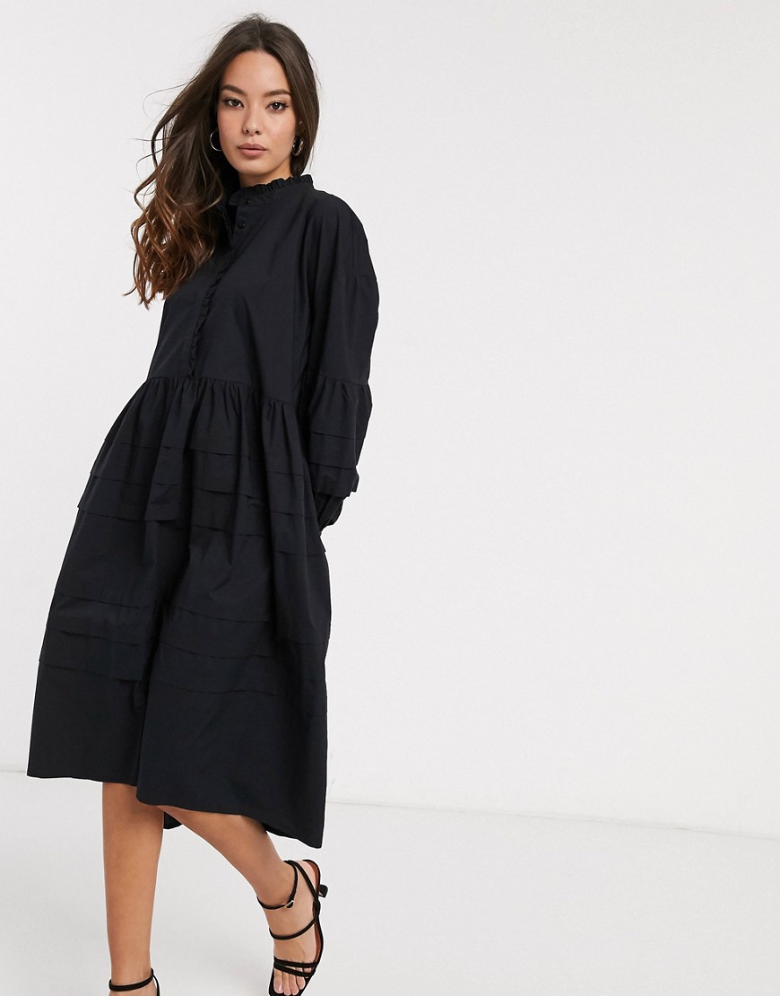Y.A.S midi smock dress with tier detail in black