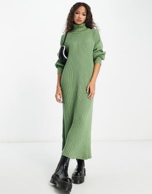 Y.A.S - Midi-Strickkleid in Khaki mit Rollkragen-Grün