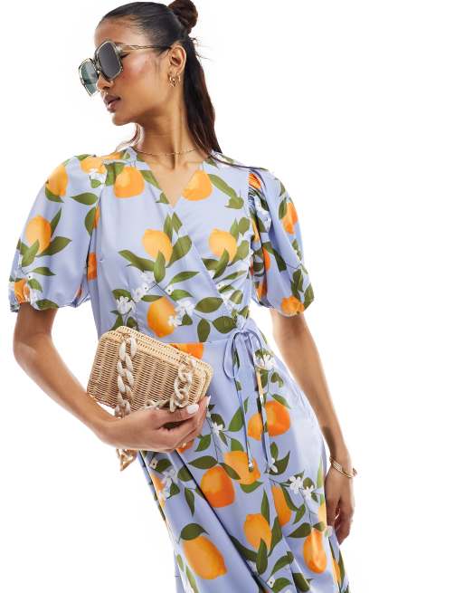 Y.A.S midi wrap dress in blue with orange print